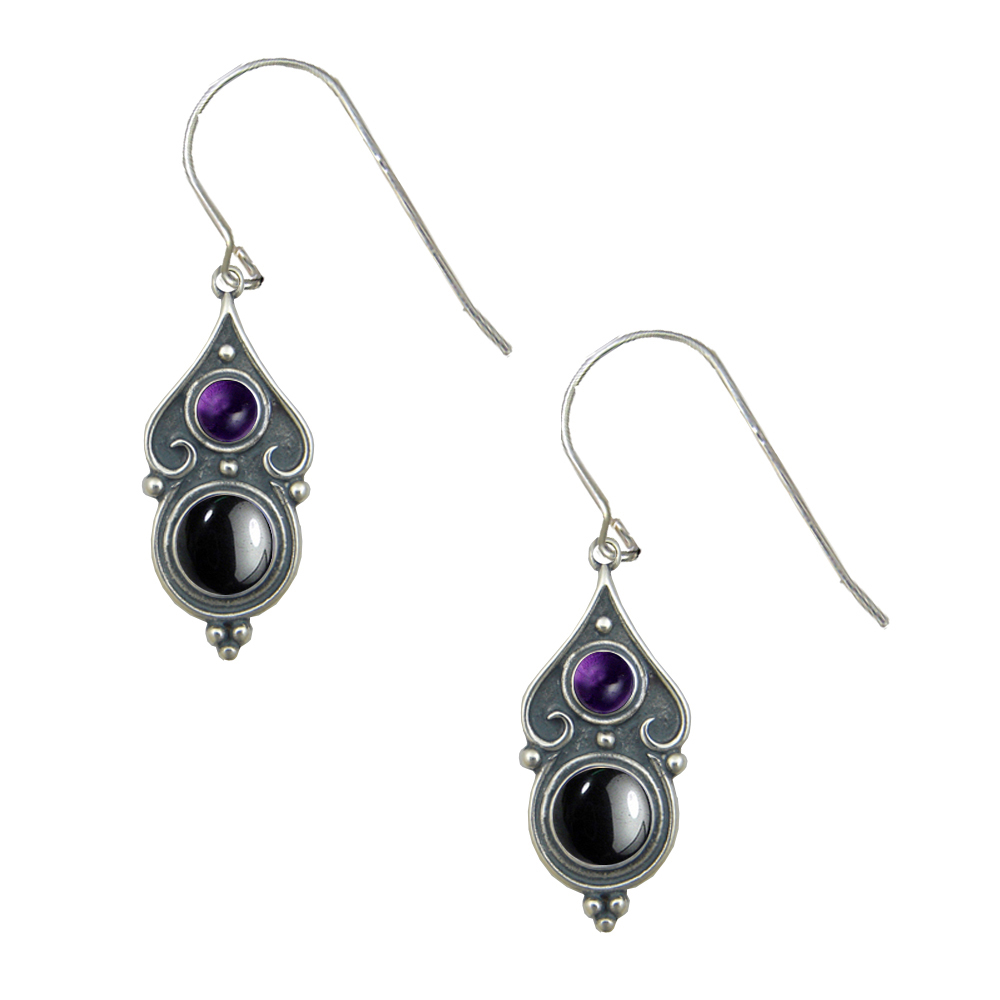 Sterling Silver Designer Post Stud Earrings With Hematite And Amethyst